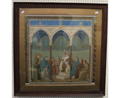 A 19th century Aesthetic Period Chromolithograph, a Cardinal and other Holy figures seated beneath Doric column supported sto