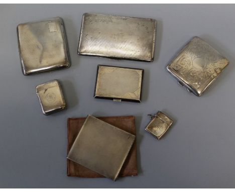 A selection of five cigarette cases and two vestas in sterling silver. Comprising: An Art Deco style cigarette case marked fo