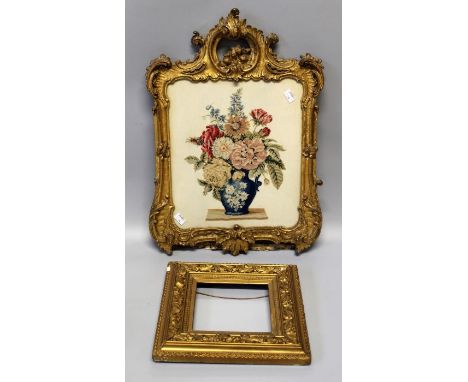 A Victorian giltwood and Rococo form polescreen panel, with petit point flowering urn inset, 57 x 41cm, together with a 19th 