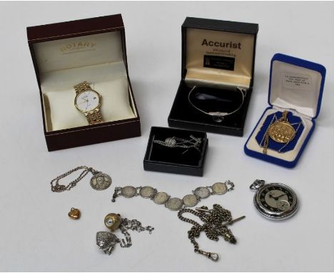 A selection of silver and costume jewellery to include a gentleman's Rotary wristwatch, a ladies 1970's Accurist wristwatch a