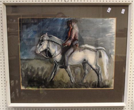 John Rattenbury Skeaping R A ( British 1901-1980)Two Spanish horses and riders in a landscape. Watercolour, signed and dated 