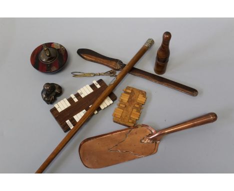 A turned wood and steel pipe, the case fashioned as a bottle, 14cm, two Bezique markers, a chinoiserie decorated table lighte