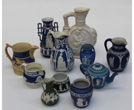 A late 19th century Dudson blue dip bachelors teapot, together with other similar wares and an unmarked parian moon flask dec