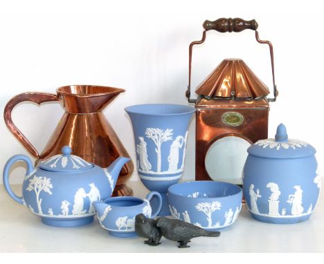 Five pieces of Wedgewood Jasper ware, 1917 Steam Drifters stores, lamp, copper 1/2 gallon jug and two cast metal birds Condit
