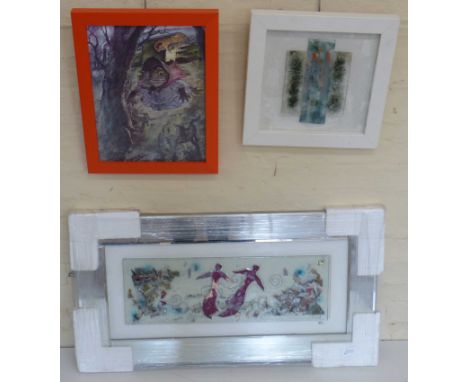 a glass art plaque in a mirrored frame, smaller similar ditto and framed tile Condition reports are not available for this au