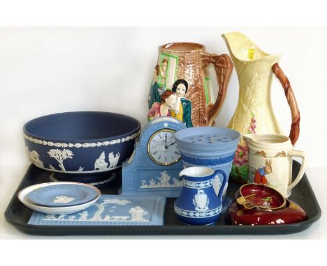 Wedgewood Jasperware including a clock, bowl, plaque, vase, jug and pin dish also a Carlton jug, two ashtrays and a Burleigh 
