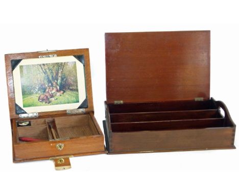 Light oak writing box in the form of a book with fitted interior, also a mahogany cutlery box. Condition reports are not avai