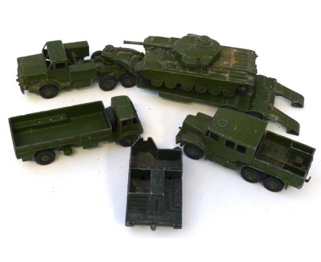 Unboxed Dinky Supertoys tank transporter (660), Centurion tank (651), 10 ton army truck (622) lacking canopy, medium artiller