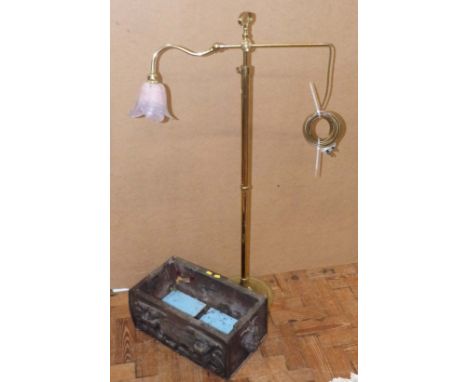 Victorian style brass adjustable reading light and heavy carved oak planter Condition reports are not available for this auct