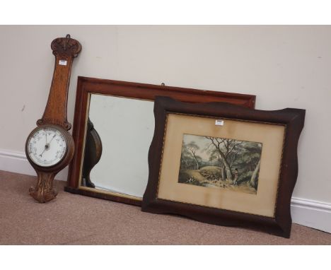 Early 20th century oak cased barometer, rosewood overmantle mirror and print in oak frame CLOCKS & BAROMETERS - as we are not