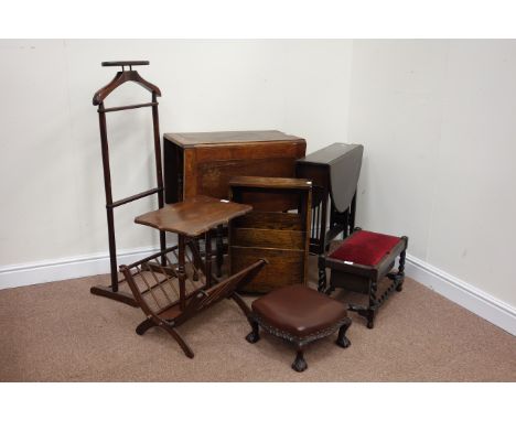 Edwardian mahogany drop leaf table, carved stool, barley twist stool with storage compartment, two magazine rack, drop leaf o