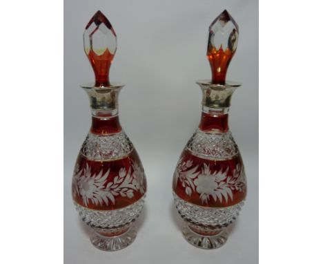 Pair 20th century ruby flashed cut crystal decanters with hallmarked silver collars H33cm
  Condition Report Click here for f