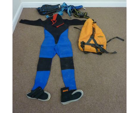 Scuba Diving Equipment - 1 x wet suit, 1 x buddy with small tank, 1 x hood, 1 x pair boots, 2 x cylinder holder, 2 x weight b