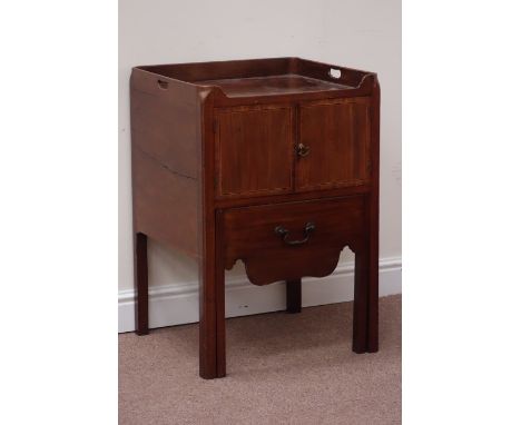 Georgian mahogany tray top pot cupboard/bedside with pull out commode seat, fitted with cupboard above enclosed by two inlaid