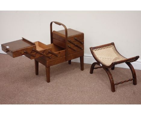 Early 20th century cantilever hinged sewing box and cane seat stool Condition Report Click here for further images, condition