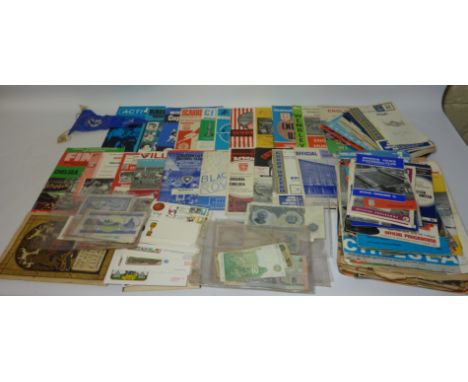 Football programmes 1960's/70's, First Day Covers, Coronation souvenirs, and world bank notes in one box  Condition Report Cl