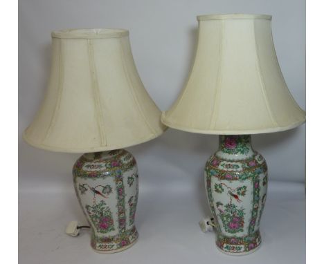 Pair Cantonese famille rose design table lamps with shades H68cm  (This item is PAT tested - 5 day warranty from date of sale