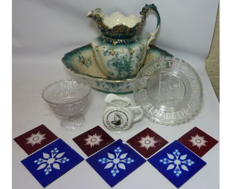 Queen Victoria 1837 - 1887 Jubilee commemorative jug H13cm, 1887 Jubilee glass dish, George VI coronation commemorative glass