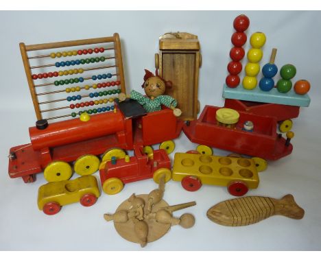 Toys - Pelham puppet, Esco model train, treen abacus, and other wooden toys in one basket Condition Report Click here for fur