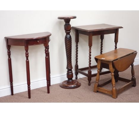 Rectangular oak barley twist table, drop leaf oak finish table, demi-lune mahogany finish console table fitted with single dr