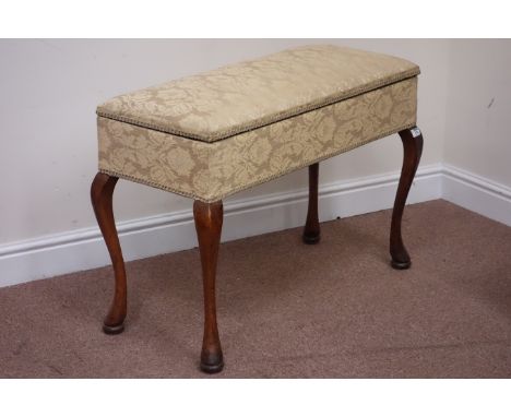 20th century upholstered stool raised on cabriole legs, hinged seat enclosing storage compartment , W93cm, H63cm, D40cm Condi