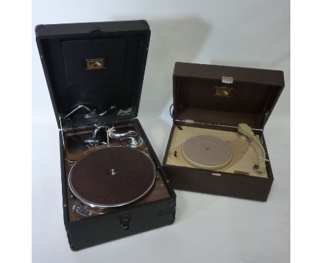 Early 20th century HMV box gramophone and a vintage HMV three speed record player  Condition Report Click here for further im