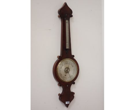 Early Victorian figured mahogany shaped barometer fitted with mercury thermometer, H95cm CLOCKS & BAROMETERS - as we are not 