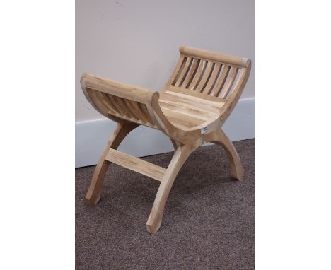 Curved x-framed solid teak stool, W64cm Condition Report Click here for further images, condition, auction times & delivery c