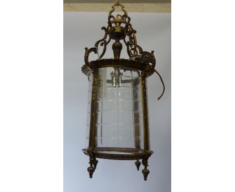 Brass and cut glass hall lantern H46cm and a six branch brass chandelier H54cm  Condition Report Click here for further image