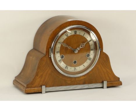 Art Deco period walnut and chrome shaped mantel clock fitted with chiming movement, H22cm CLOCKS & BAROMETERS - as we are not