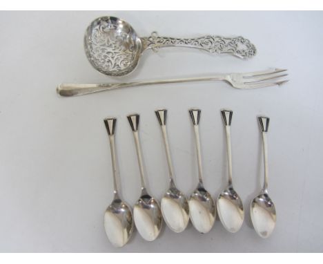 Victorian silver sifting spoon by George Unite Birmingham 1854, pickle  fork and a set of six enamel Art Deco teaspoons Condi