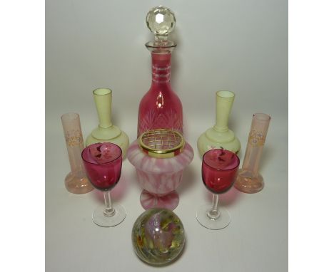 Cranberry glass decanter, pair wine glasses, pairs posy vases, paperweight etc Condition Report Click here for further images