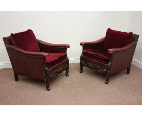 20th century three piece carved wood and leather lounge suite comprising of - three seat sofa (W167cm), pair armchairs (W67cm