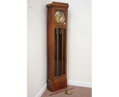 Early 20th century golden oak longcase clock, two weight driven chiming movement CLOCKS & BAROMETERS - as we are not a retail