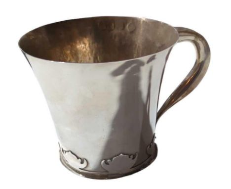 A contemporary Scottish silver mug, by ......, Edinburgh, 1978, tapering circular form with scroll handle, the body with card