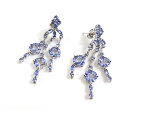 A pair of 9ct white gold tanzanite set earrings, in a chandelier style, 4.5cm long, 6.9g gross, cased