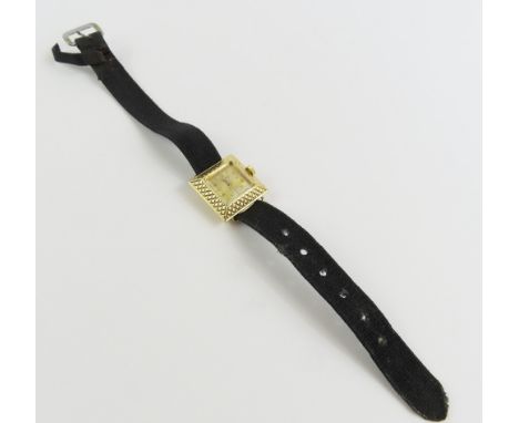 Universal - a ladies wristwatch, the square gold coloured dial with gilt baton and dot hour markers, and hands, patterned cas