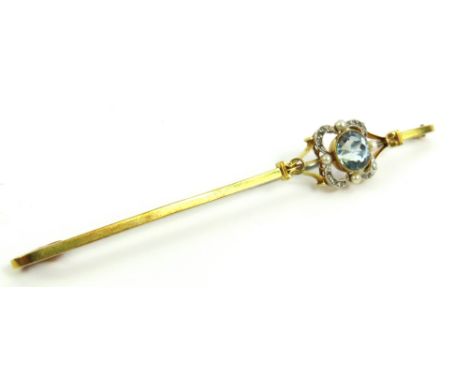 An Edwardian aquamarine, rose cut diamond and pearl jabot style brooch, the round aquamarine in a millegrain setting and with