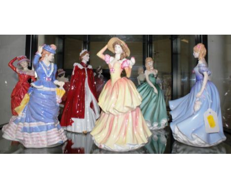 An assortment of five Royal Doulton figurines of ladies and one Royal Worcester figurine of Her Majesty, the Queen 