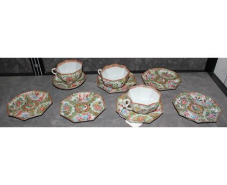 A selection of early 20th century Chinese famille rose, to include three octagonal shaped tea cups, six saucers and one small