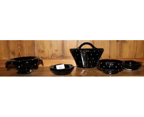 A set of six vintage Bagley 'Jetique' black art glass polka dot household ceramics 