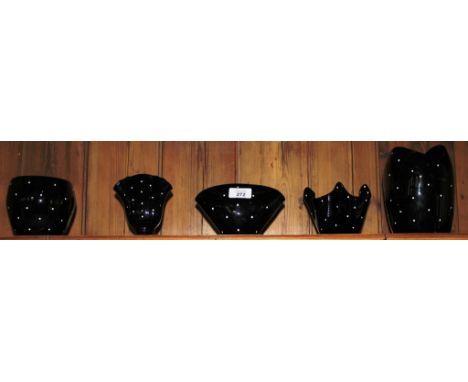 A selection of six vintage Bagley 'Jetique' black art glass polka dot household ceramics 