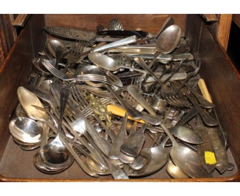 A large selection of silver plated flatware, to include spoons, forks, knives, etc