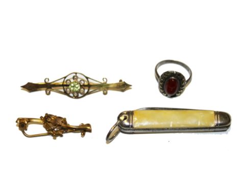 Two gold bar brooches, a ring and a pen knife