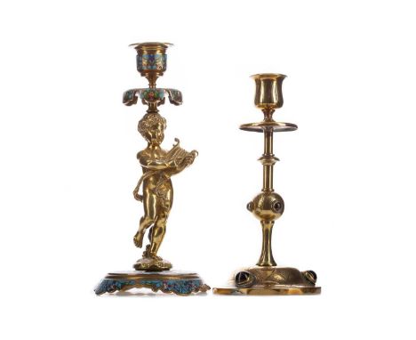 LATE 19TH CENTURY FRENCH GILT METAL AND CHAMPLEVÉ ENAMEL FIGURAL CANDLESTICK,the column modelled with a putto playing a lyre,