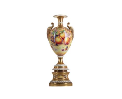 LARGE AND IMPRESSIVE ROYAL WORCESTER TWIN-HANDLED VASE,the baluster body hand painted with fruits by David Fuller and signed,