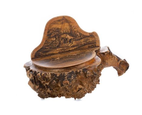 UNUSUAL 19TH CENTURY MAUCHLINE WARE TABLE SNUFF BOX,in burr sycamore, the twin hinged cover decorated with two hunting scenes