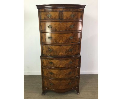 REPRODUCTION BURR WALNUT BOWFRONTED CHEST-ON-CHEST OF GEORGIAN DESIGN,with moulded cornice over two short and three long draw