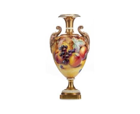 ROYAL WORCESTER TWIN-HANDLED VASE,the baluster body hand painted with fruits by P. English and signed, on waisted stem to ped