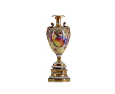 ROYAL WORCESTER TWIN-HANDLED VASE,the baluster body hand painted with fruits by Peter Platt and signed, on waisted stem to pe